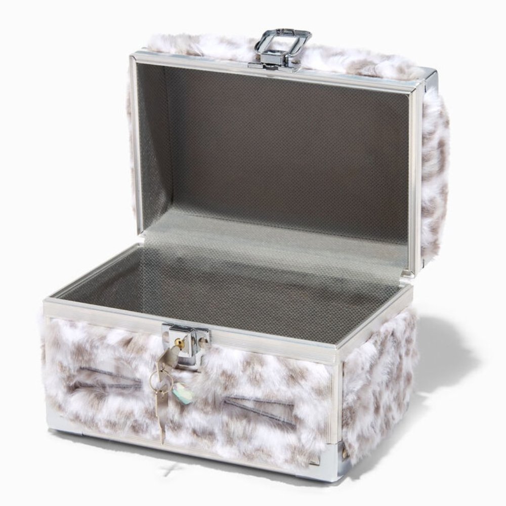 Claire's Club Furry Snow Leopard Lock Box-NWT